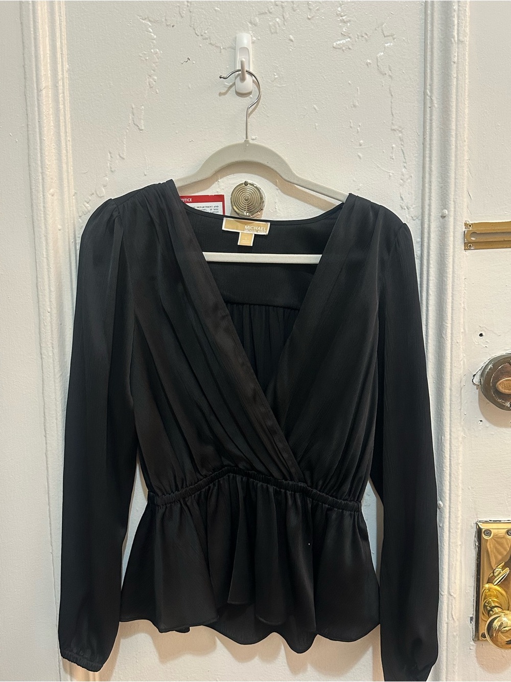 Michael Kors Black Wrap Peplum Long-Sleeve Top